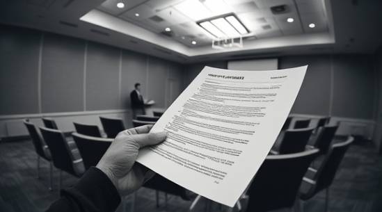 comprehensive contract agreement, focused, reviewed by a person, photorealistic, conference room with chairs and a projector screen, highly detailed, papers flipping, fisheye lens, black and white, fluorescent lighting, shot with a 24mm lens.