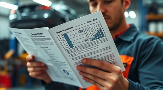 explanatory service document, methodical, technician reading, photorealistic, workshop with a vehicle lift, highly detailed, document pages turning, close-up, vivid colors, overhead lighting, shot with a 35mm lens.