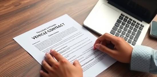 formal vehicle contract, attentive, being reviewed, photorealistic, wooden desk with a laptop open beside it, highly detailed, hands highlighting text, tilt-shift effect, monochrome, ambient lighting, shot with a 50mm lens.