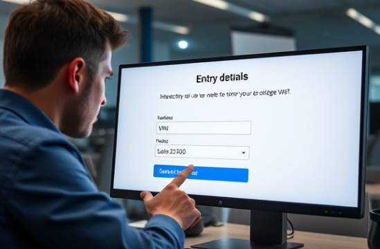 Interactive entry form, attentive, reviewing VIN details, photorealistic, modern office setting with dual monitors, highly detailed, mouse hovering over submit button, subtle highlights, soft ambient lighting, shot with an 85mm lens.