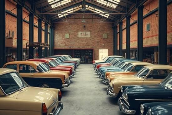 vintage dealer inventory, nostalgic, carefully arranged with classic cars from the 60s, photorealistic, set in a rustic warehouse with exposed brick walls and wooden beams, highly detailed, dust particles floating in the air, bokeh, sepia tones, soft ambient light, shot with a 50mm prime lens.