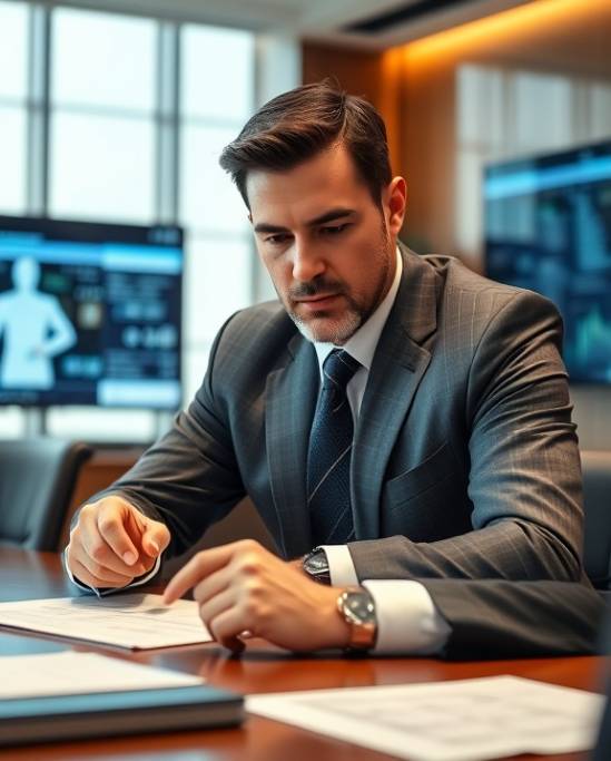 contract specialist, analytical, negotiating over a table, photorealistic, sophisticated boardroom with digital screens, highly detailed, intense negotiation, high-resolution, crisp colors, ambient lighting, shot with a 35mm lens.